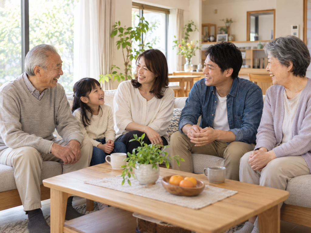 明るいリビングで談笑する三世代の家族
