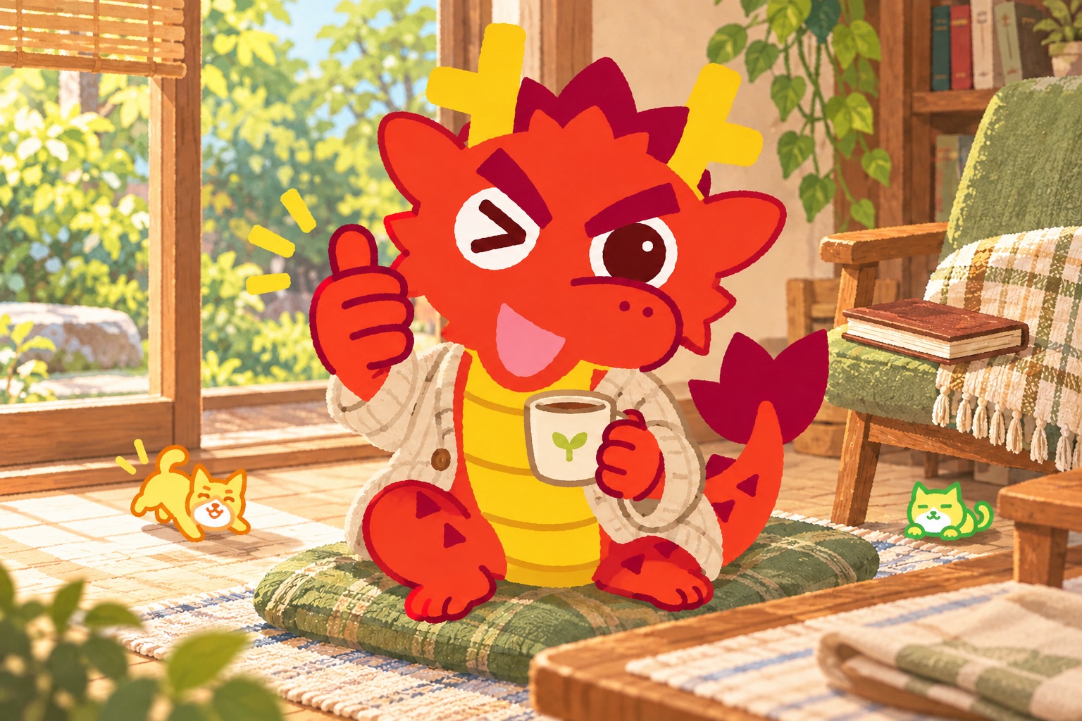 できない日にも、居場所を。題材に合う小物を使うともりゅうと、小さな緑のともねこ・橙のともいぬの挿絵