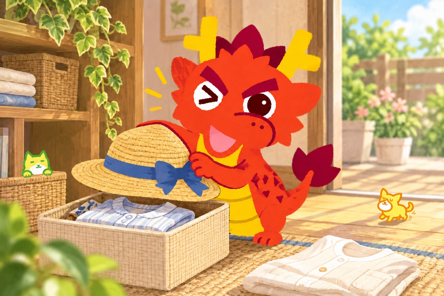 夏の終わりに、忘れ物チェック。題材に合う小物を使うともりゅうと、小さな緑のともねこ・橙のともいぬの挿絵