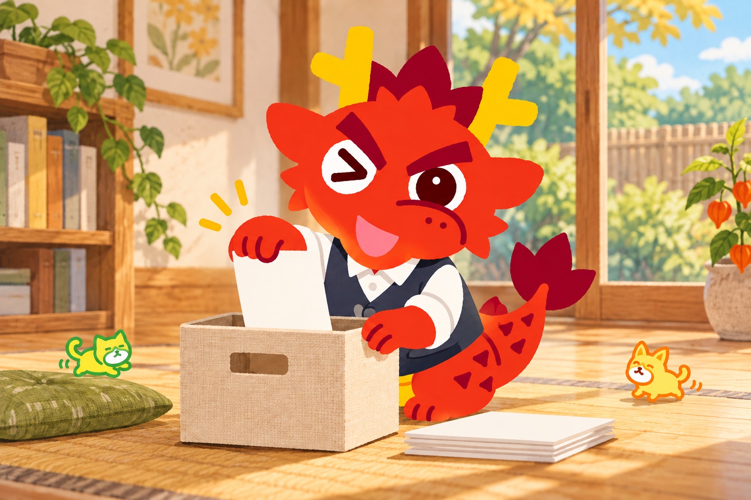 「あとで」の荷物を、ひとつ下ろす。題材に合う小物を使うともりゅうと、小さな緑のともねこ・橙のともいぬの挿絵