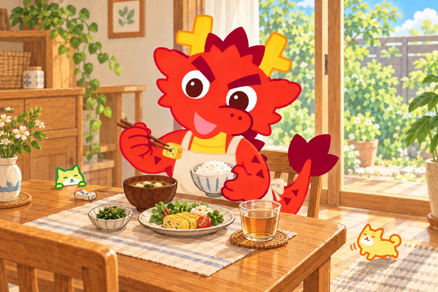 「いつも通り」という、ごちそう。題材に合う小物を使うともりゅうと、小さな緑のともねこ・橙のともいぬの挿絵