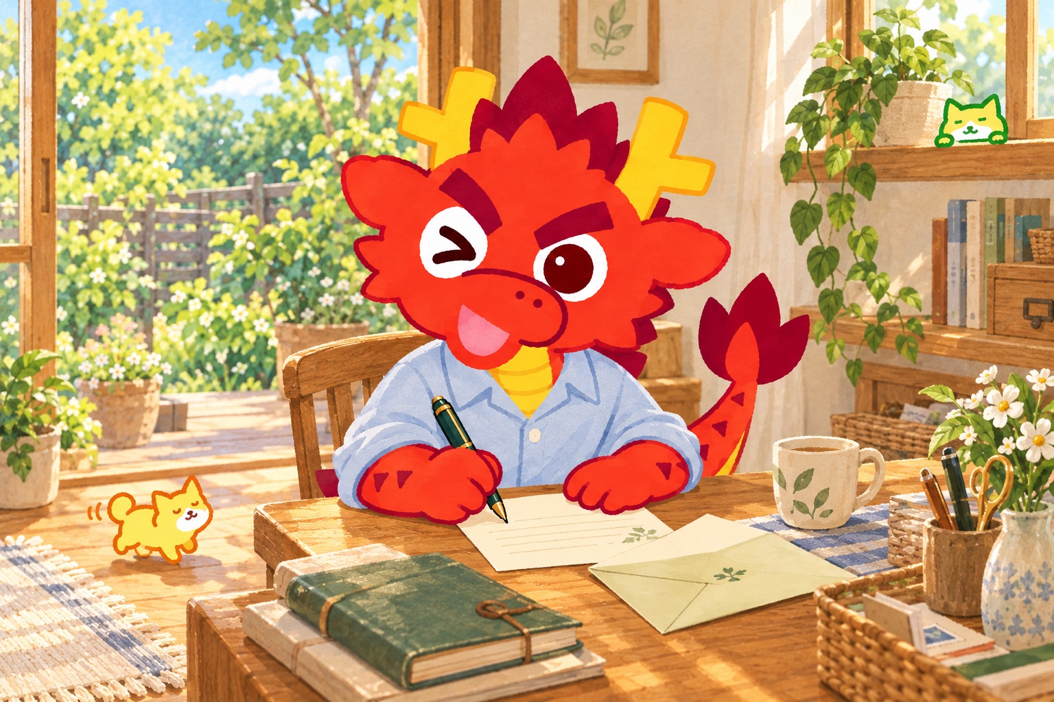 ひと呼吸おいて、返事をする。題材に合う小物を使うともりゅうと、小さな緑のともねこ・橙のともいぬの挿絵