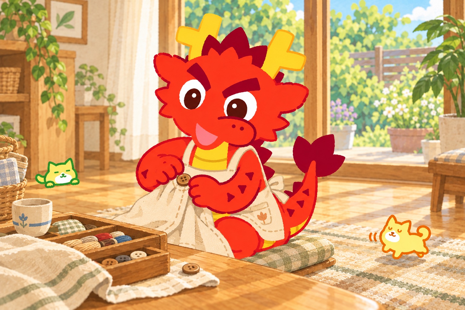 暮らしの中の、小さな修理。題材に合う小物を使うともりゅうと、小さな緑のともねこ・橙のともいぬの挿絵