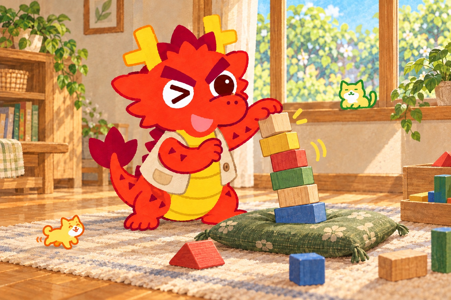 失敗にも、座布団を一枚。題材に合う小物を使うともりゅうと、小さな緑のともねこ・橙のともいぬの挿絵