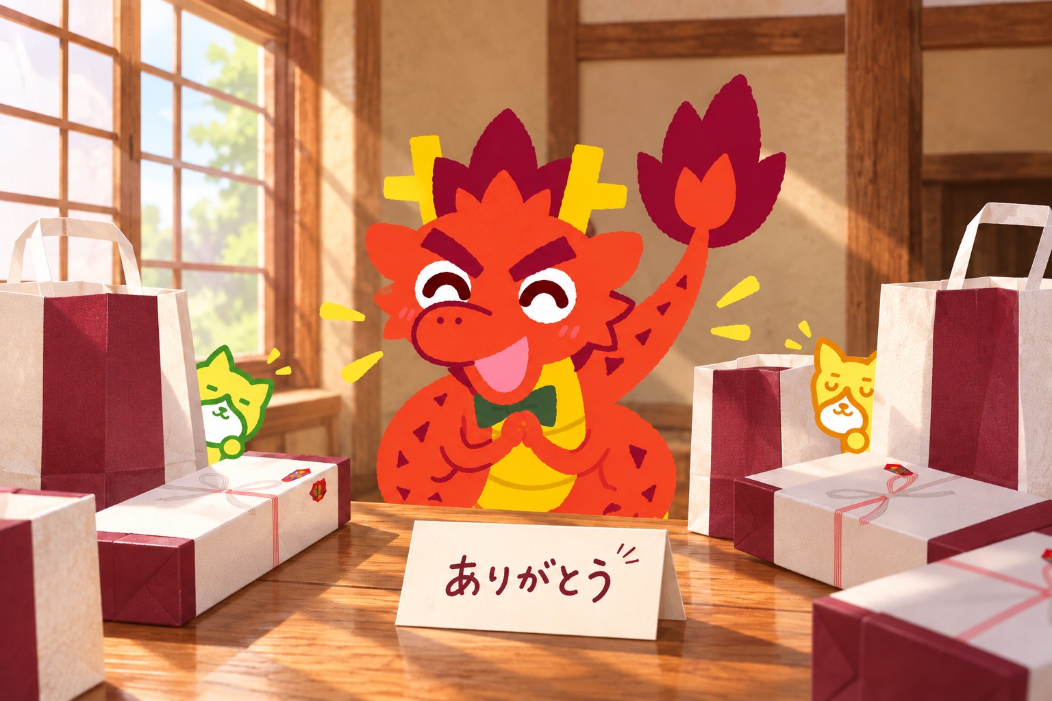 贈り物のそばでありがとうの思いを表すともりゅうと、小さなともねこ・ともいぬの記念日挿絵。