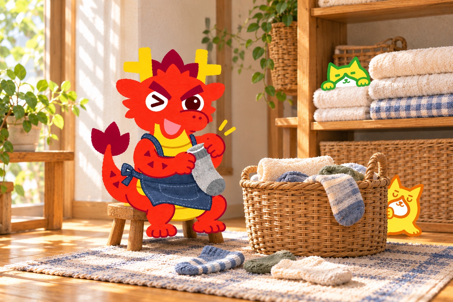 エプロン姿のともりゅうが裏返しの靴下を直す洗濯風景。小さなともねことともいぬを探して楽しむ挿絵