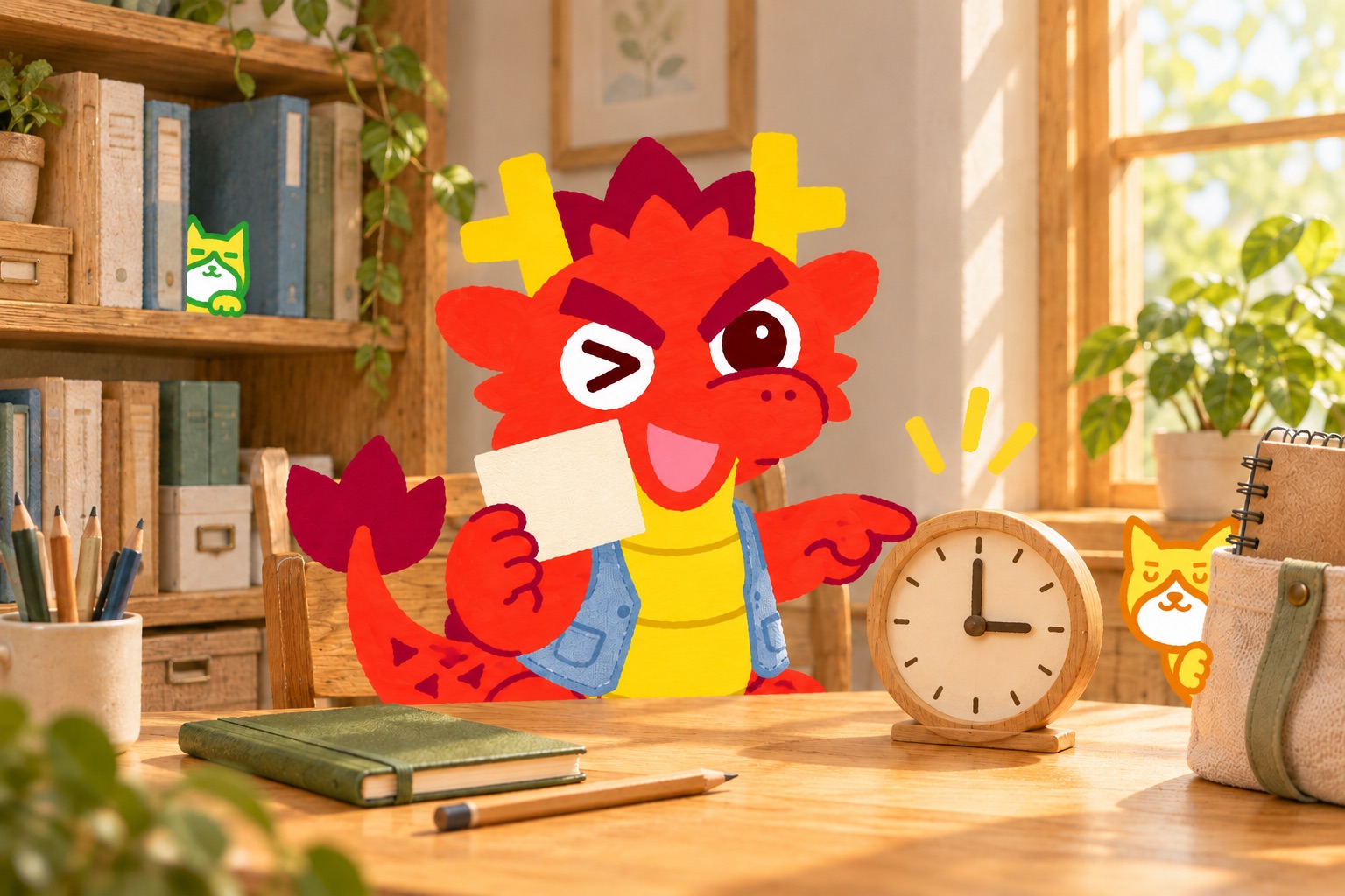 返事の時間を考え、時計とカードを示すともりゅう。ともねこ・ともいぬを探して楽しむ仕事の挿絵。
